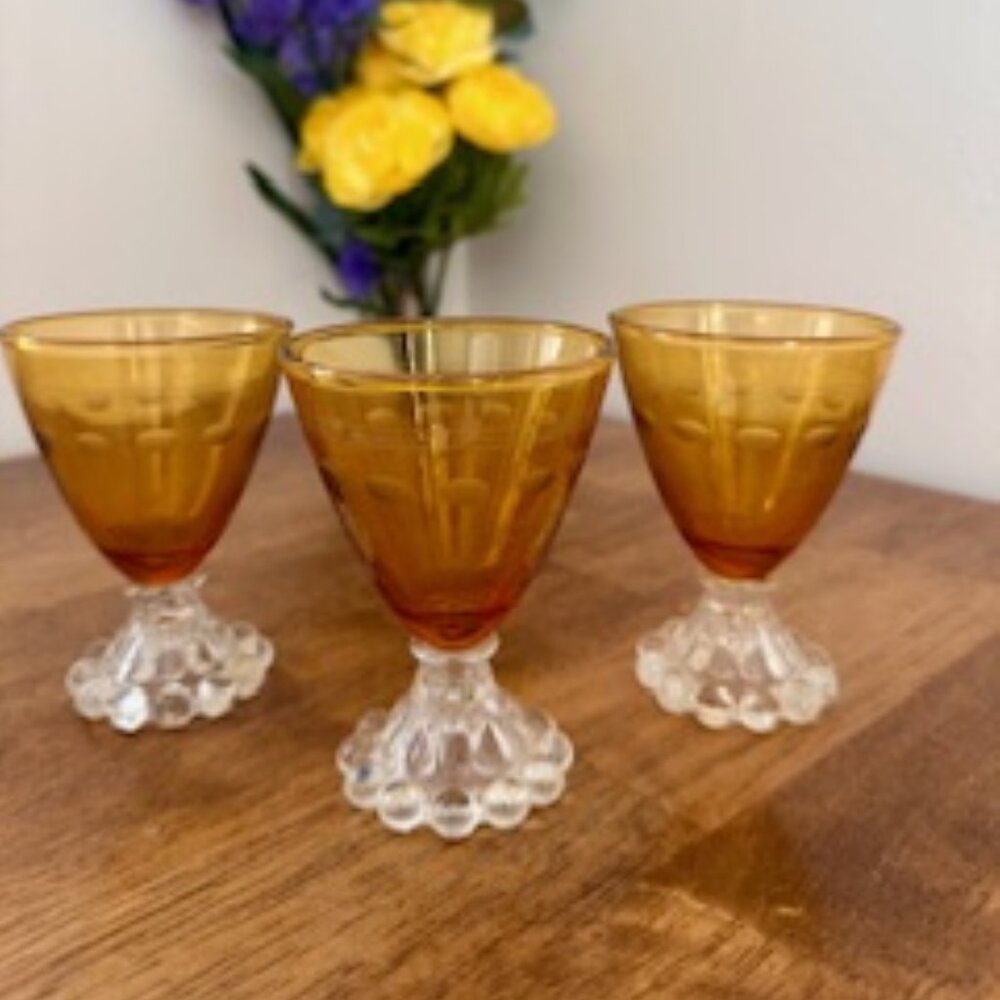 Vintage Anchor Hocking Amber Boopie Glasses – Set of 3 Bubble Base Cordials